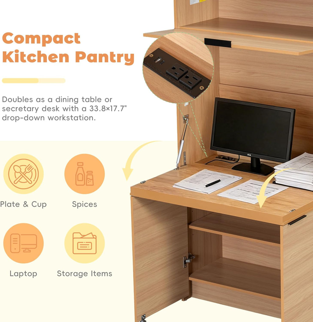 69" Compact Kitchen Pantry with Power Outlet, Freestanding Wooden Kitchen Organizers Storage Cabinet with Hutch and Foldable Workstation, Pantry Buffet with Adjustable Shelf for Dining Room, Natural