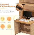 69'' Tall Kitchen Pantry Cabinet with Foldable Workstation, Kitchen Food Pantry Hutch with Adjustable Shelf, Folding Secretary Desk with Storage Hutch for Living Room, Dining Room (Natural)