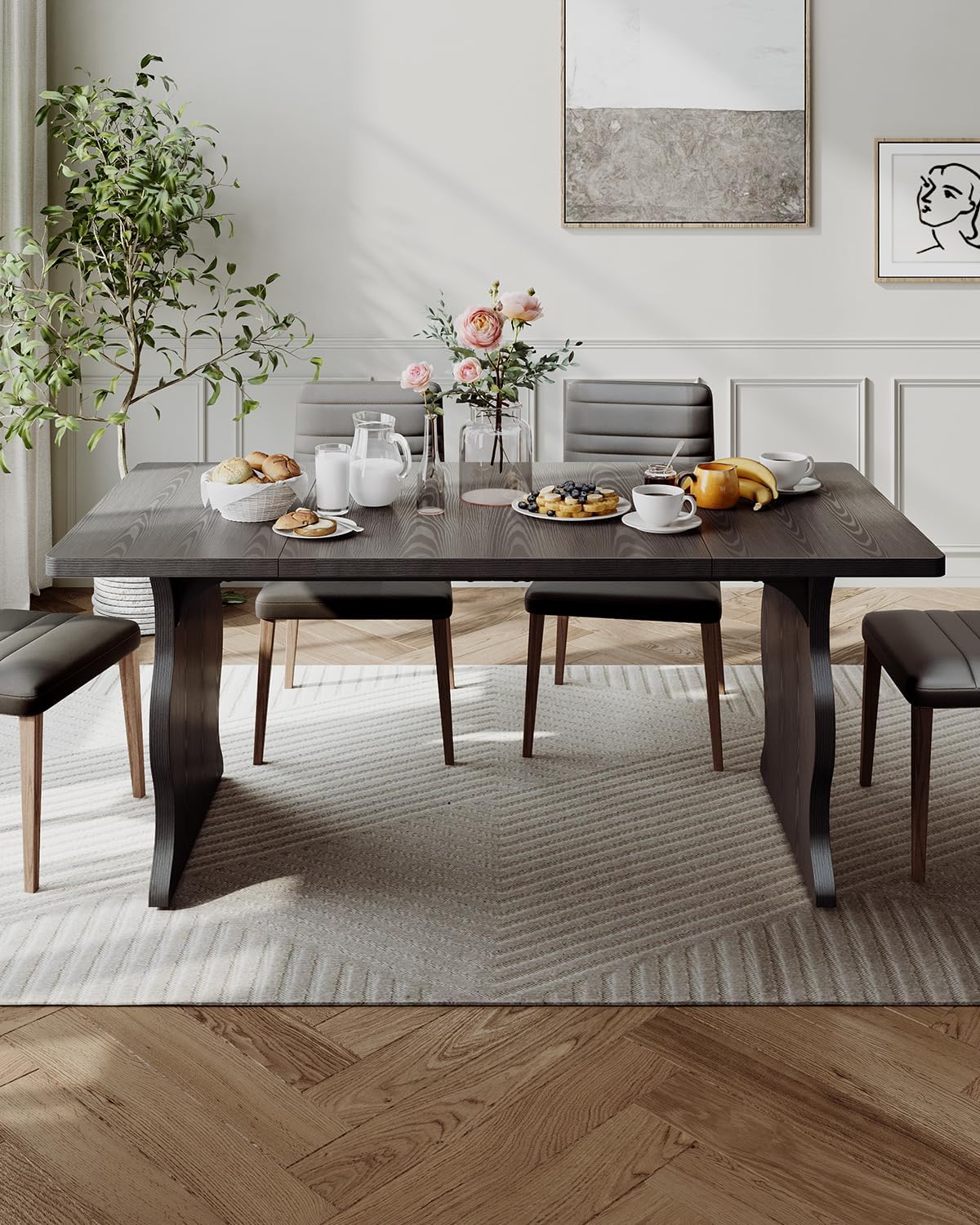 LITTLE TREE Modern Dining Table for 4-6 People, 63 Inch Rectangular Kitchen Table, Wooden Kitchen & Dining Room Tables Furniture, Black