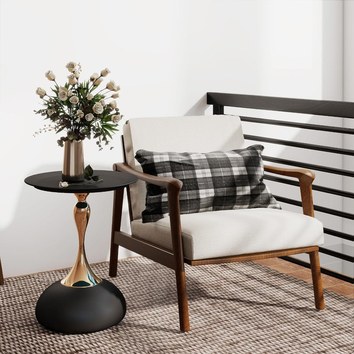 Metal Round End Table,Modern Pedestal Table,Corner Drink Tables,Accent Side Table Nightstand for Living Room,Patio and bar (Black-Gold)