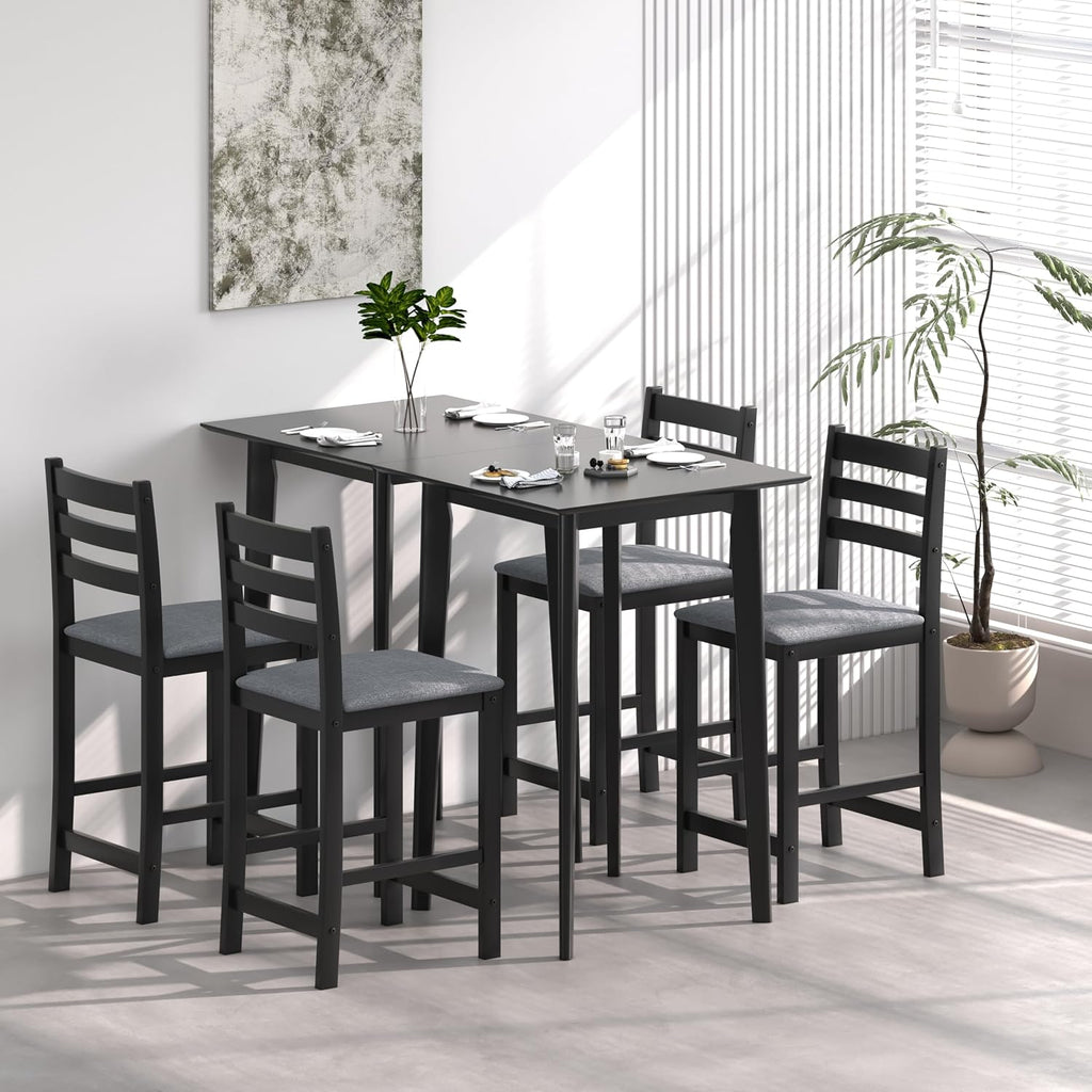 27.5 inch Bar Table and Chairs Set, Solid Wood Bar Height Pub Table and Chairs Set of 4, Counter Height Table Set, Square High Top Table and Chairs Set for Dining Room