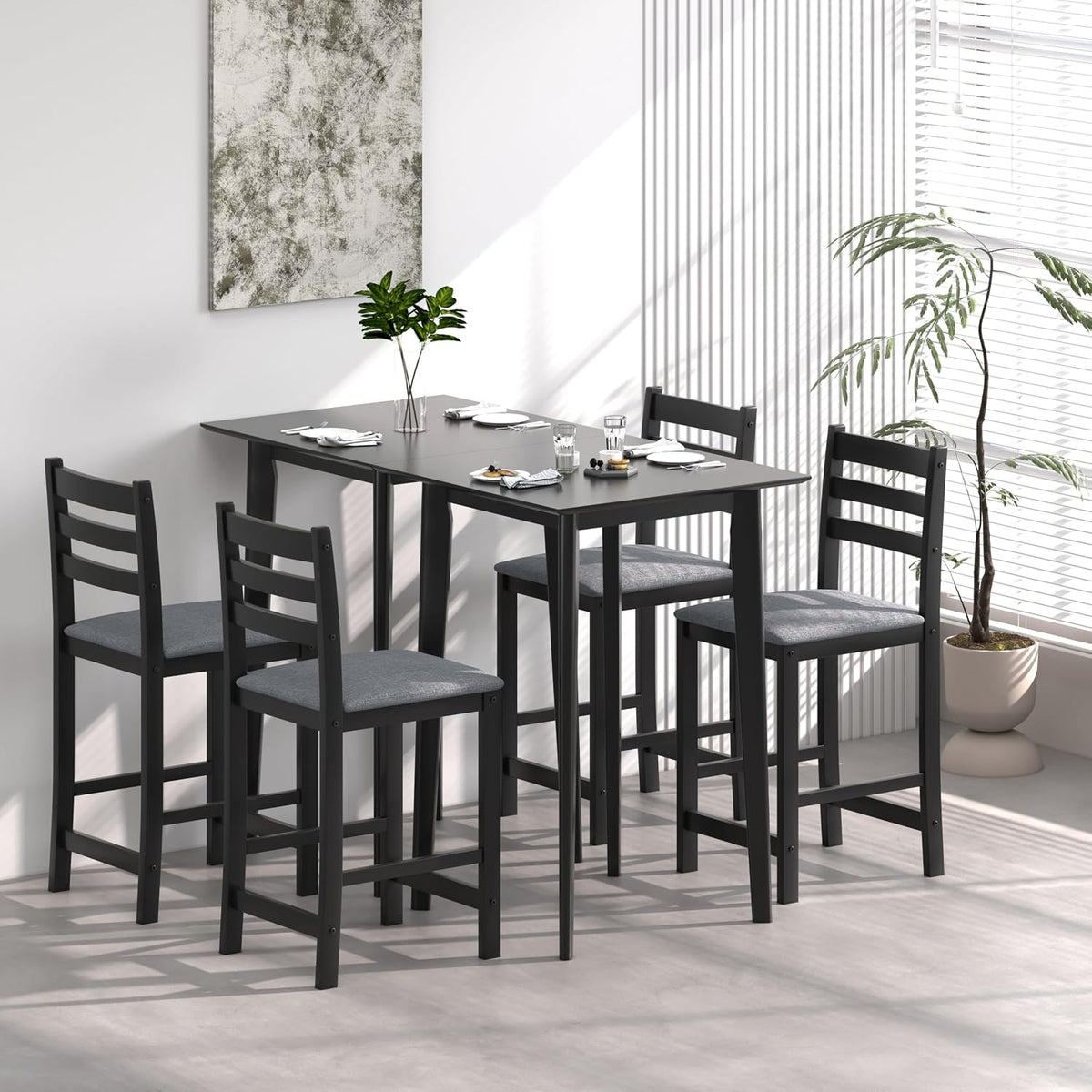27.5 inch Bar Table and Chairs Set, Solid Wood Bar Height Pub Table and Chairs Set of 4, Counter Height Table Set, Square High Top Table and Chairs Set for Dining Room
