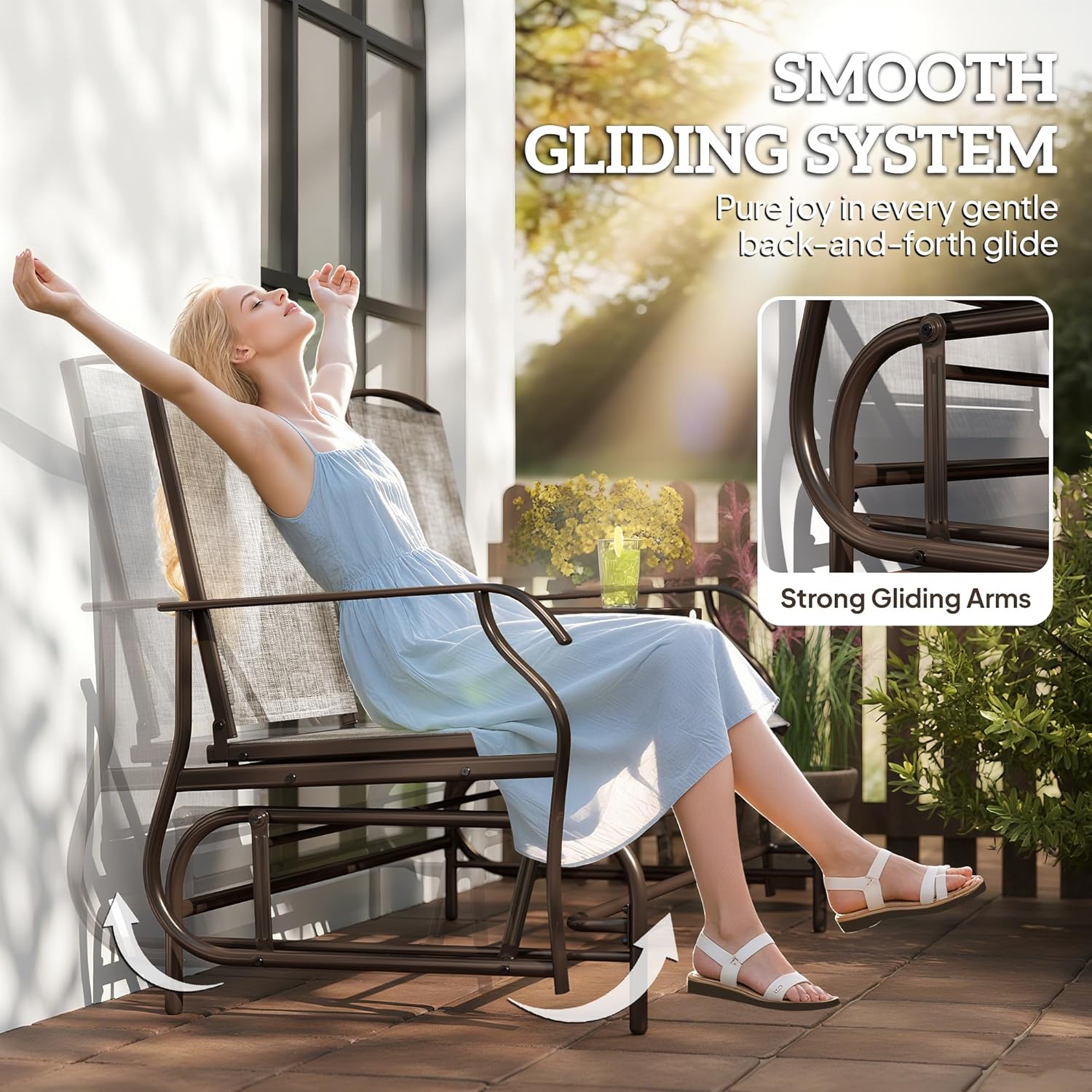 Outsunny Outdoor Glider Bench with Center Table Metal Frame Armrests Brown | Patio Loveseat, Breathable Mesh Fabric, for Backyard Garden Porch