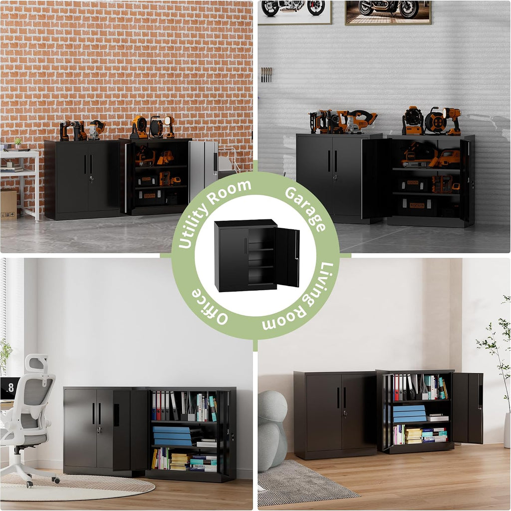 Metal Storage Cabinet, 35" H Garage Storage Cabinet with Doors and Adjustable Shelves, Small Locking Tool Cabinet Utility Cabinets for Home Office, Garage, Warehouse, School (Black)