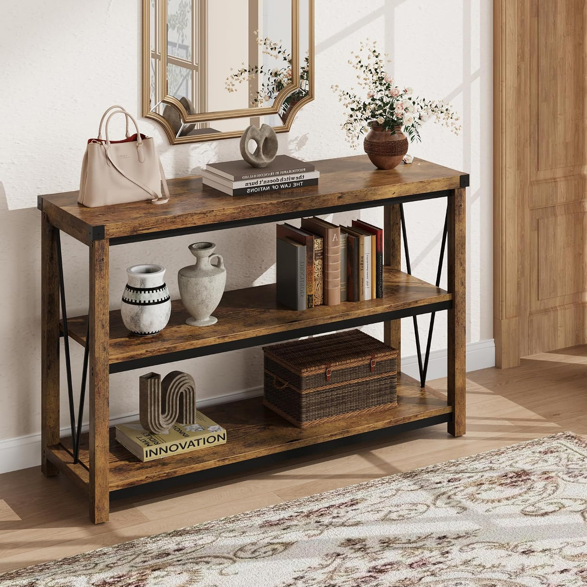 Garvee Farmhouse Console Table, 47 in Narrow Long Entryway Table with Storage, 3 Tier Wood Console Table for Living Room, Skinny Sofa Tables Behind Couch, Rustic Hallway Table for Entryway