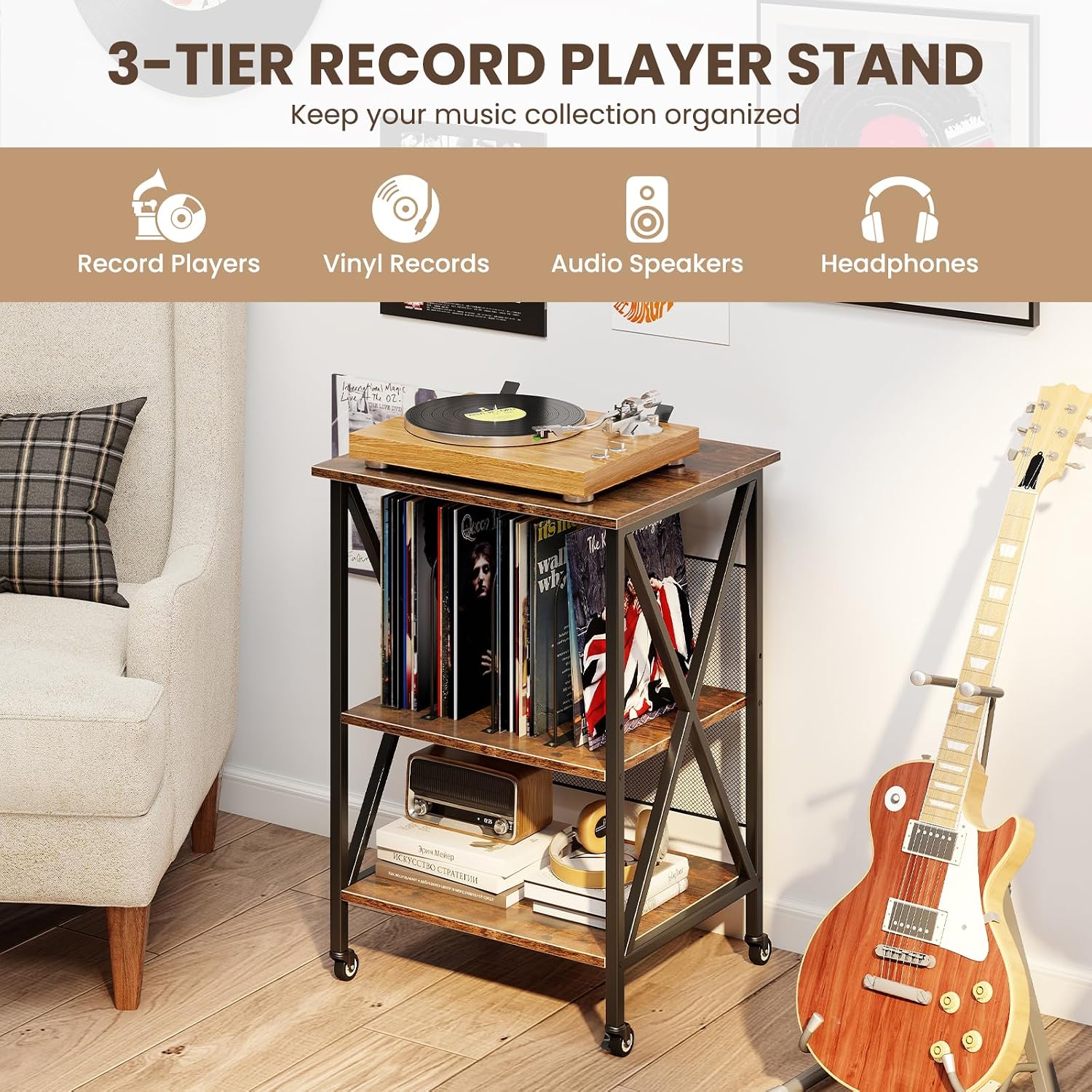 Giantex Record Player Stand with Charging Station, Turntable Stand with Record Storage & 4 Rolling Wheels, Vinyl Record Storage Table up to 250 Albums for Living Room, Bedroom (Dark Brown)