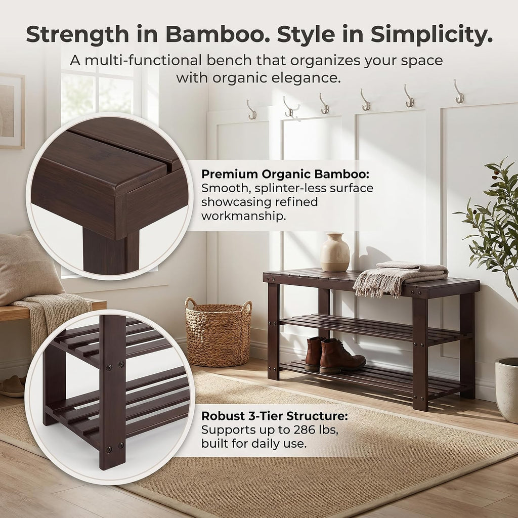 Bamboo Shoe Bench, 3-Tier Shoe Organizer Holds Up to 286 lb, Entryway Bench with Shoe Storage Suitable for Closet & Living Room, 11.22 x 35.43 x 17.91, Espresso Brown