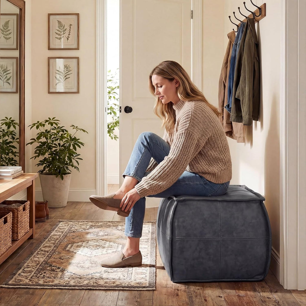 Leather Ottoman,Handmade Stuffed Square Ottoman,Genuine Leather Pouf, Foot Rest Pouf,Comfortable Soft Seating for Living Room & Bedroom (Grey, Square)