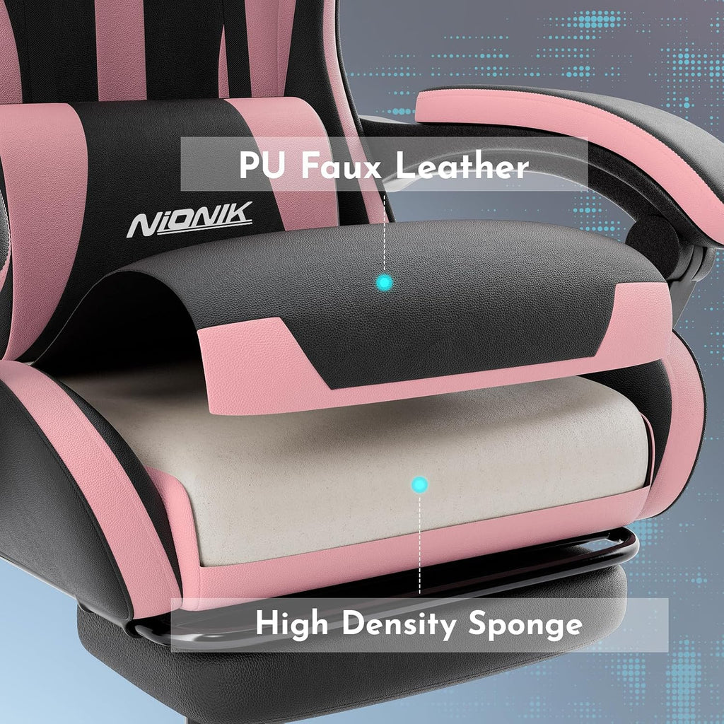 Gaming Chair, Ergonomic Computer Chair with Footrest and Lumbar Support, Height Adjustable Game Chair with 360°-Swivel Seat and Headrest and for Office or Gaming Blackpink