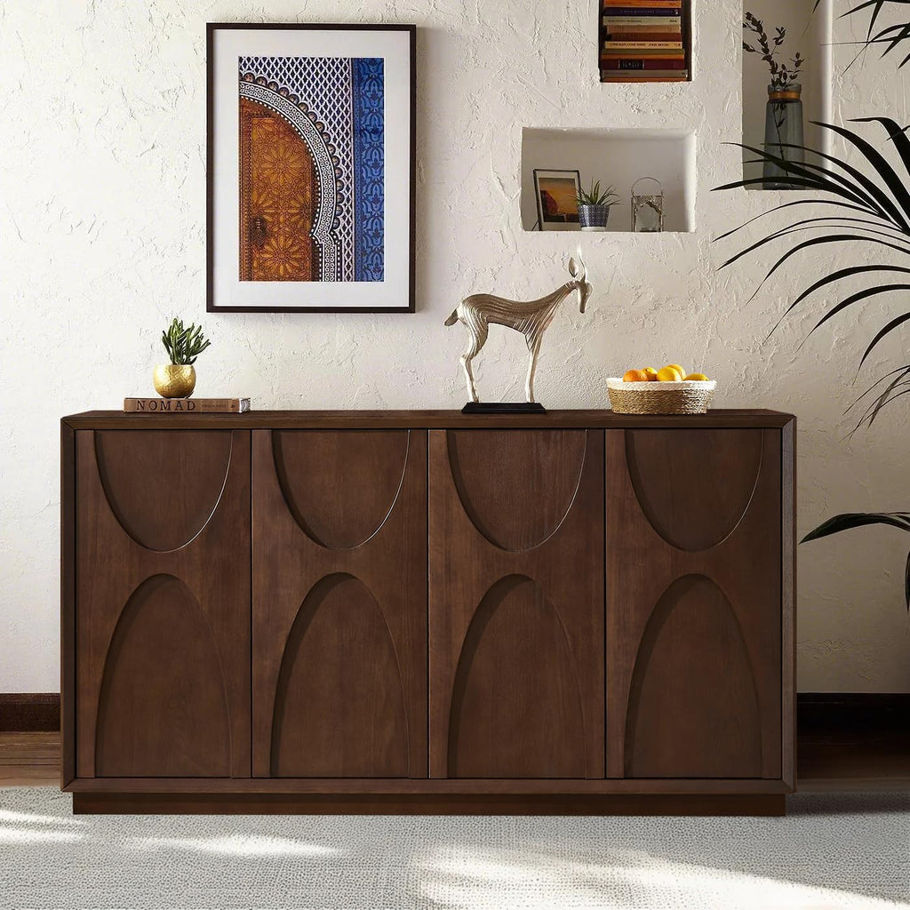 Sideboard Buffet Cabinet, Accent Storage Cabinet with 4 Doors and Adjustable Shelf, Farmhouse Mid Century Modern Buffet Sideboard for Living Room, Kitchen, Entry (Walnut)