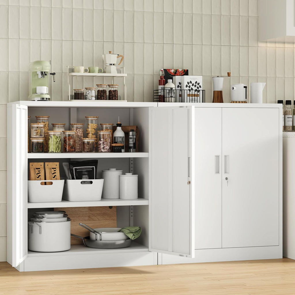 CJF Pantry Cabinet, Metal Pantry Storage Cabinets with Doors and 2 Adjustable Shelves, 36" H Locking Cabinet for Kitchen Storage, Home, Garage, Utility Room and Basement, White