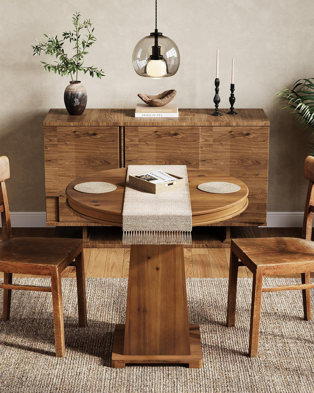 LITTLE TREE Solid Wood Round Dining Table, 31.5" Small Kitchen Table for 2, Modern Farmhouse Dinner Table for Dining Room, Kitchen, Living Room, Artistic Geometric Base, Table Only (Rustic Brown)