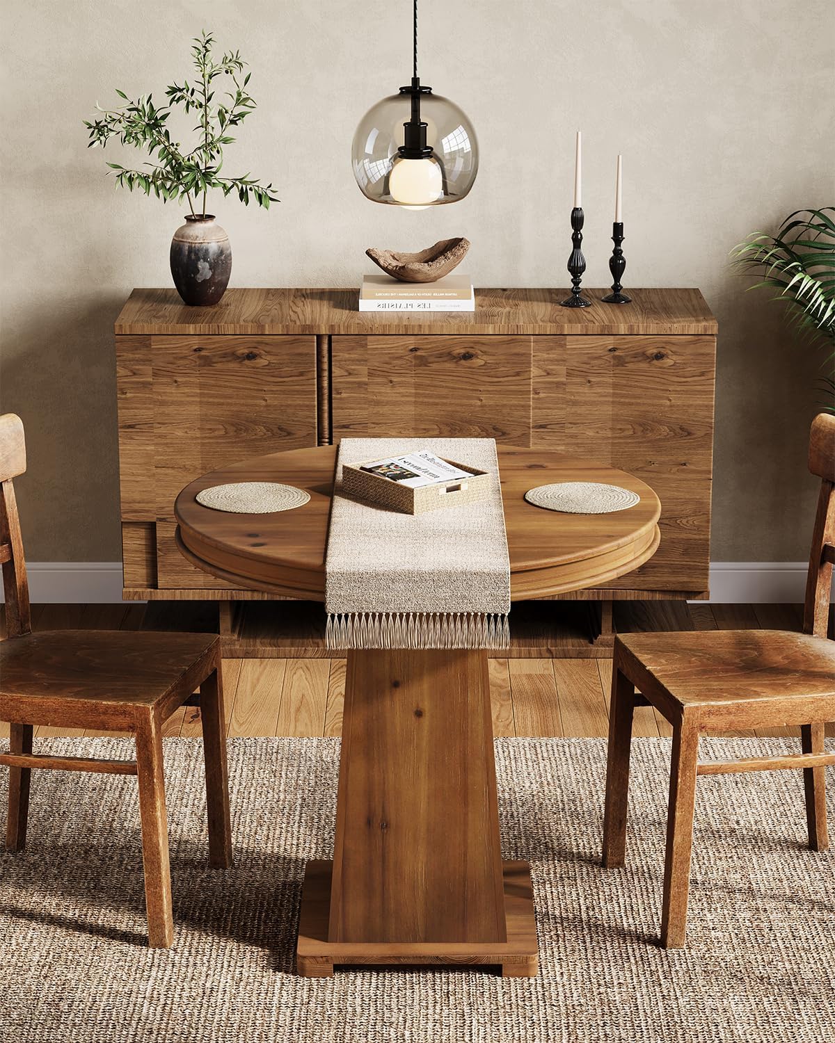 LITTLE TREE Solid Wood Round Dining Table, 31.5" Small Kitchen Table for 2, Modern Farmhouse Dinner Table for Dining Room, Kitchen, Living Room, Artistic Geometric Base, Table Only (Rustic Brown) 2PCS
