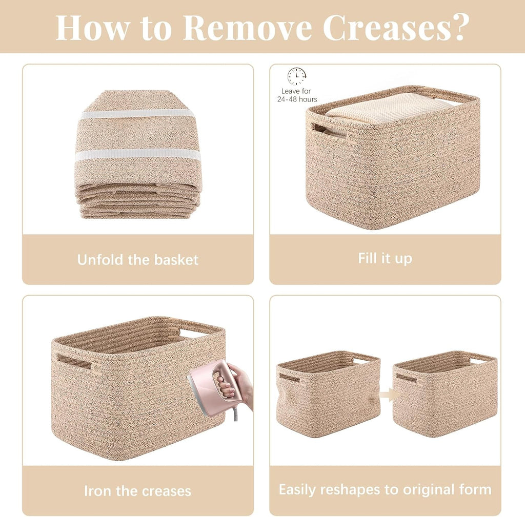 OIASKET 4Packs Natural Cotton Rope Storage Baskets for Organizing Toys, Clothes, Towels & Books, Soft Versatile Organizers for Shelves, Home Decorative Bins, 13''Lx9''Wx7.8''H, Brown