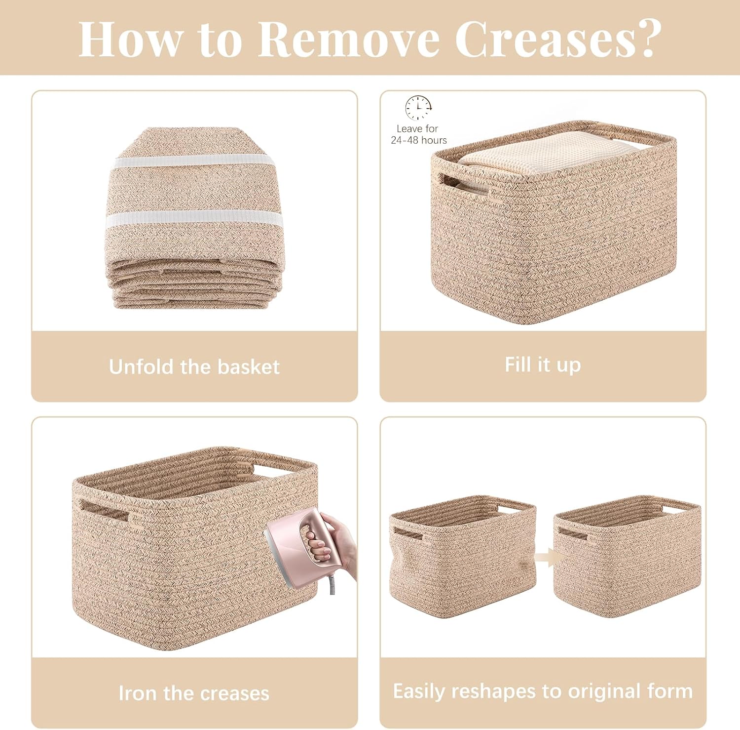 OIASKET 4Packs Natural Cotton Rope Storage Baskets for Organizing Toys, Clothes, Towels & Books, Soft Versatile Organizers for Shelves, Home Decorative Bins, 13''Lx9''Wx7.8''H, Brown