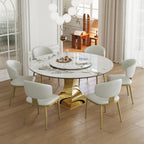 7-Piece Round Dining Table Set, Sintered Stone Faux Marble Dining Table with Lazy Susan& Stainless Steel Gold Base,6 Pcs White Dining Chairs Kitchen Dining Room Table Set