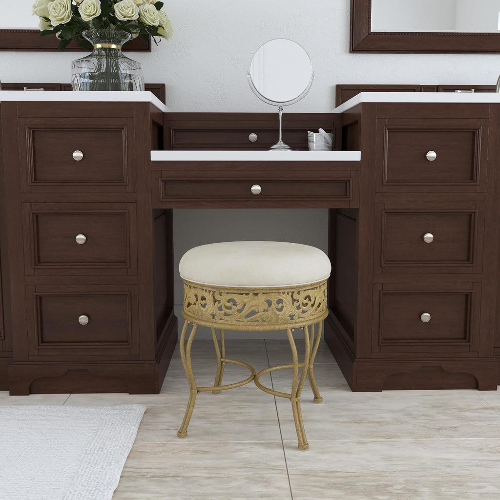 Hillsdale Villa III Backless Metal Vanity Stool with Ornate Lattice Detailing, Antique Beige