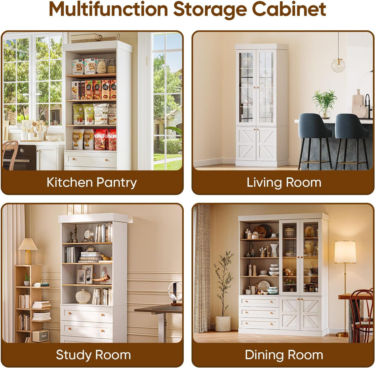 Vyre 71" Tall Farmhouse Kitchen Pantry, Set of 4 Large Storage Cabinets with Glass Doors, Adjustable Shelves, Wood Versatile Hutch Cabinet for Living Room, White