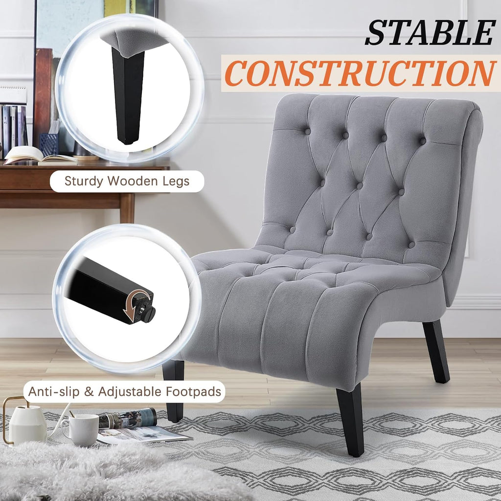 AVAWING Armless Tufted Velvet Accent Chair with Wood Legs, Grey | Soft fade & pill-resistant velvet; ergonomic tufted cushion; non-slip rubber wood legs; for living room bedroom office, grey