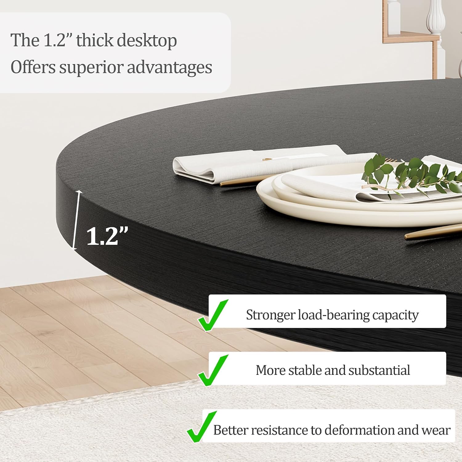 47" Round Dining Table for 4–6 People, Farmhouse Wooden Kitchen Table with Reinforced Legs, Dining Room Table with Adjustable Foot Pads for Home & Restaurant,Black