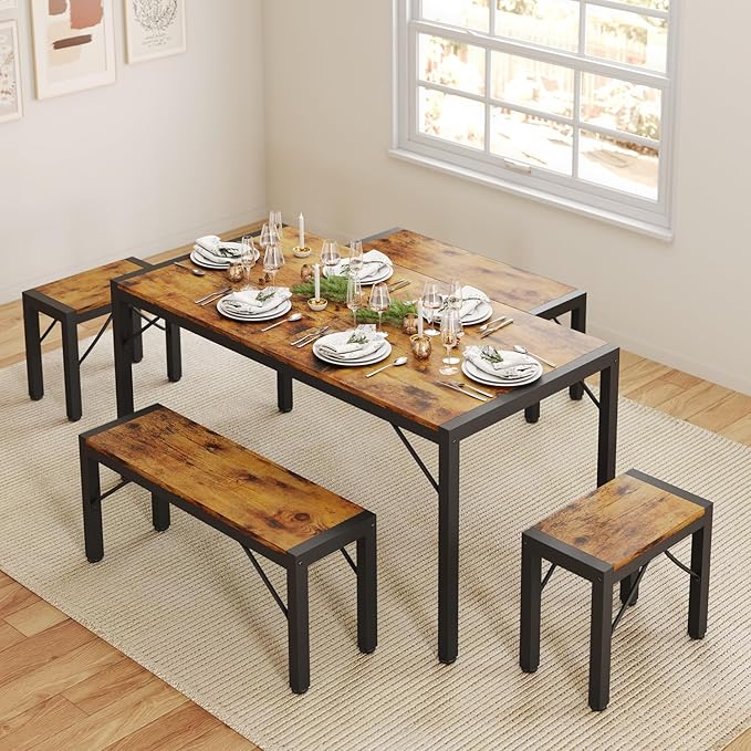 Gizoon 63" Dining Room Table Set for 6, Kitchen Table with 2 Benches and 2 Stools, Dining Table Set with Metal Frame, Space-Saving Kitchen Table Set for Apartment, Retro
