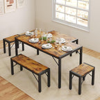 Gizoon 63" Dining Room Table Set for 6, Kitchen Table with 2 Benches and 2 Stools, Dining Table Set with Metal Frame, Space-Saving Kitchen Table Set for Apartment, Retro