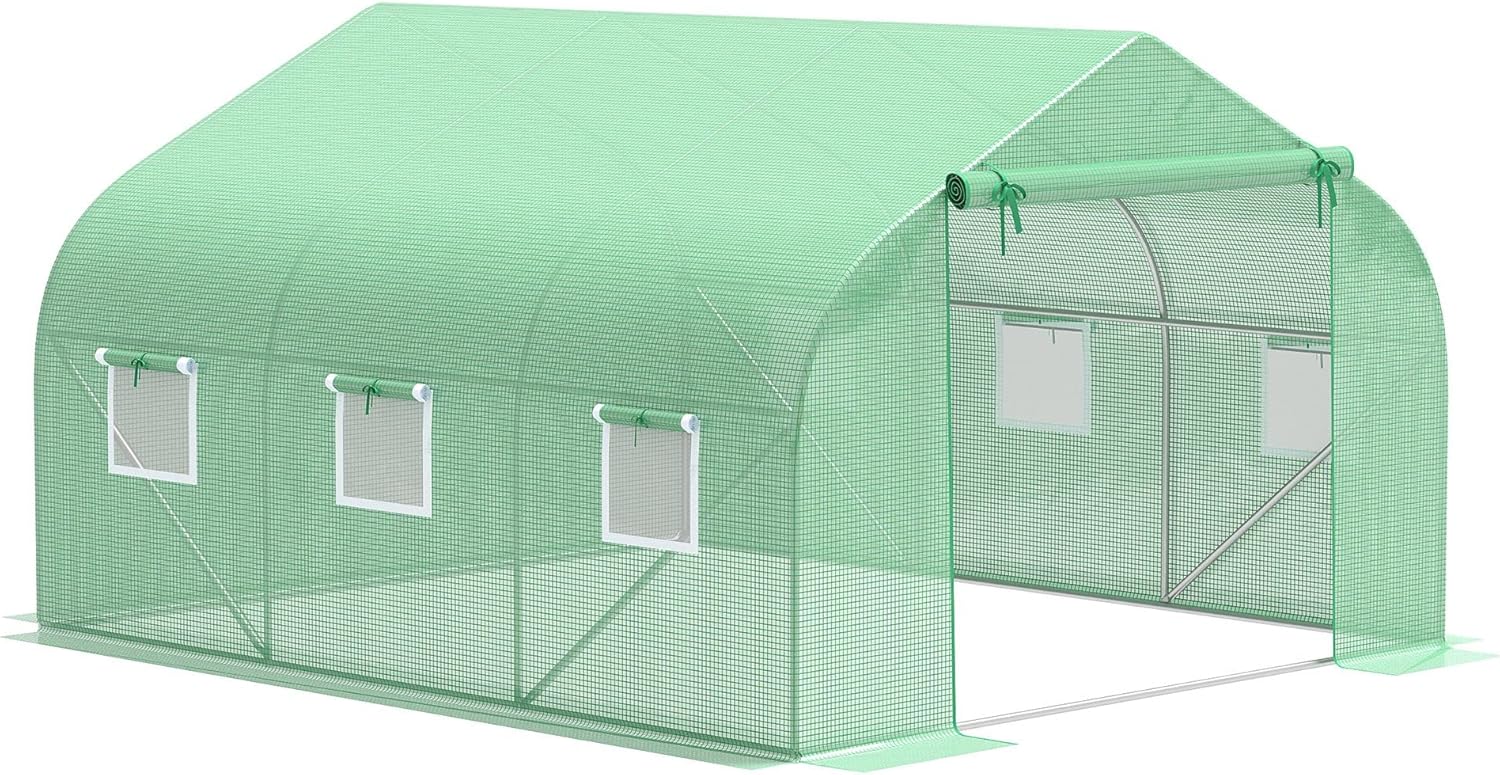 Outsunny 12' x 10' x 7' Outdoor Walk-in Greenhouse, Tunnel Green House with Roll-up Windows, Zippered Door, PE Cover, Heavy Duty Steel Frame, Green