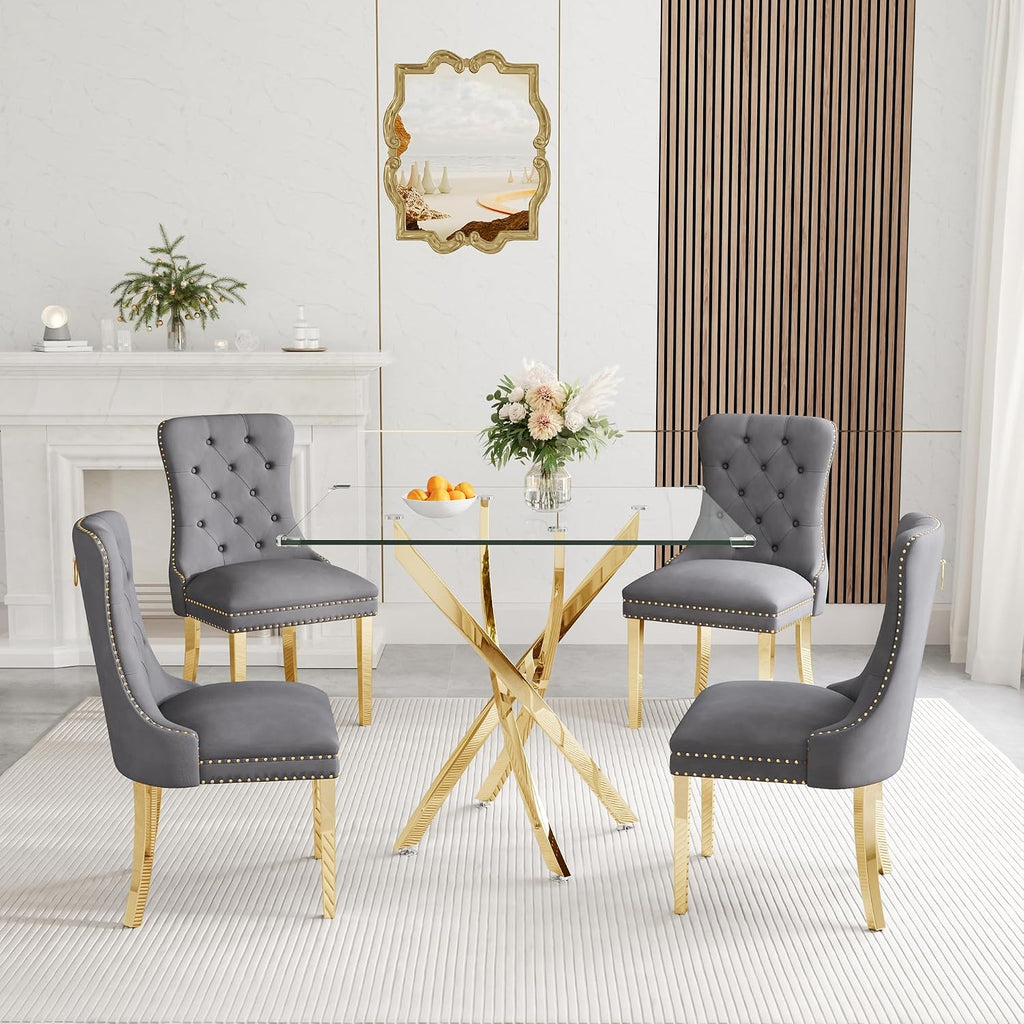 AF ARTISAN FURNITURE 36" Square Glass Dining Table Set for 2, 3-Piece Modern Kitchen Table with 2 Grey Velvet Chairs, Dining Room Table Set for Apartments Small Spaces (Gold Leg)