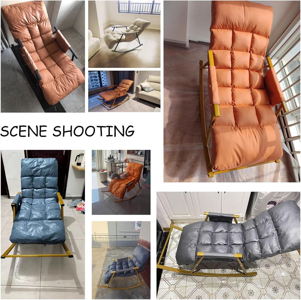 Rocking Chair, Adjustable Backrest Chair with Side Pockets, Side Armchairs for Balcony Porch Patio(Orange+Gold Legs)