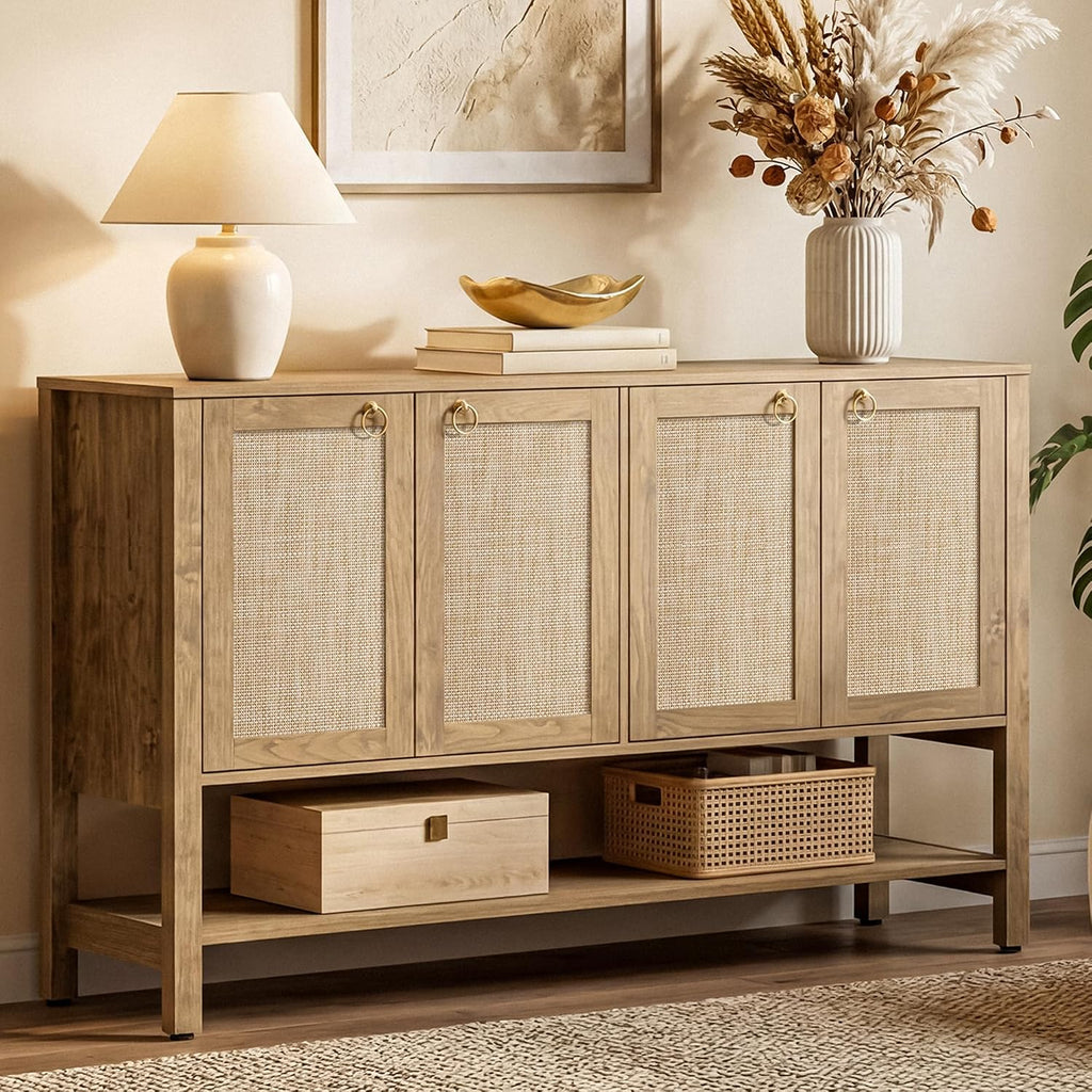 SICOTAS 55" Cherry Sideboard Buffet Cabinet with Rattan Doors, Rustic Farmhouse Coffee Bar Cabinet with Open Shelf, Warm Wood Credenza & Console Table for Kitchen, Dining Room, Entryway