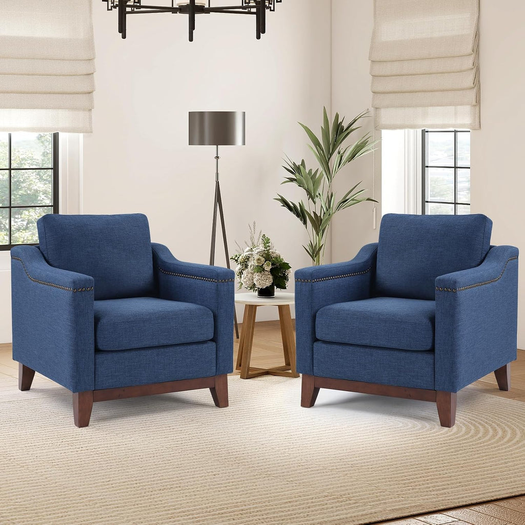 HAOMARKETS Vintage Upholstered Armchair Set of 2 with Nailhead Trim and Solid Wood Legs, Comfortable Accent Chair for Living Room & Bedroom, Blue