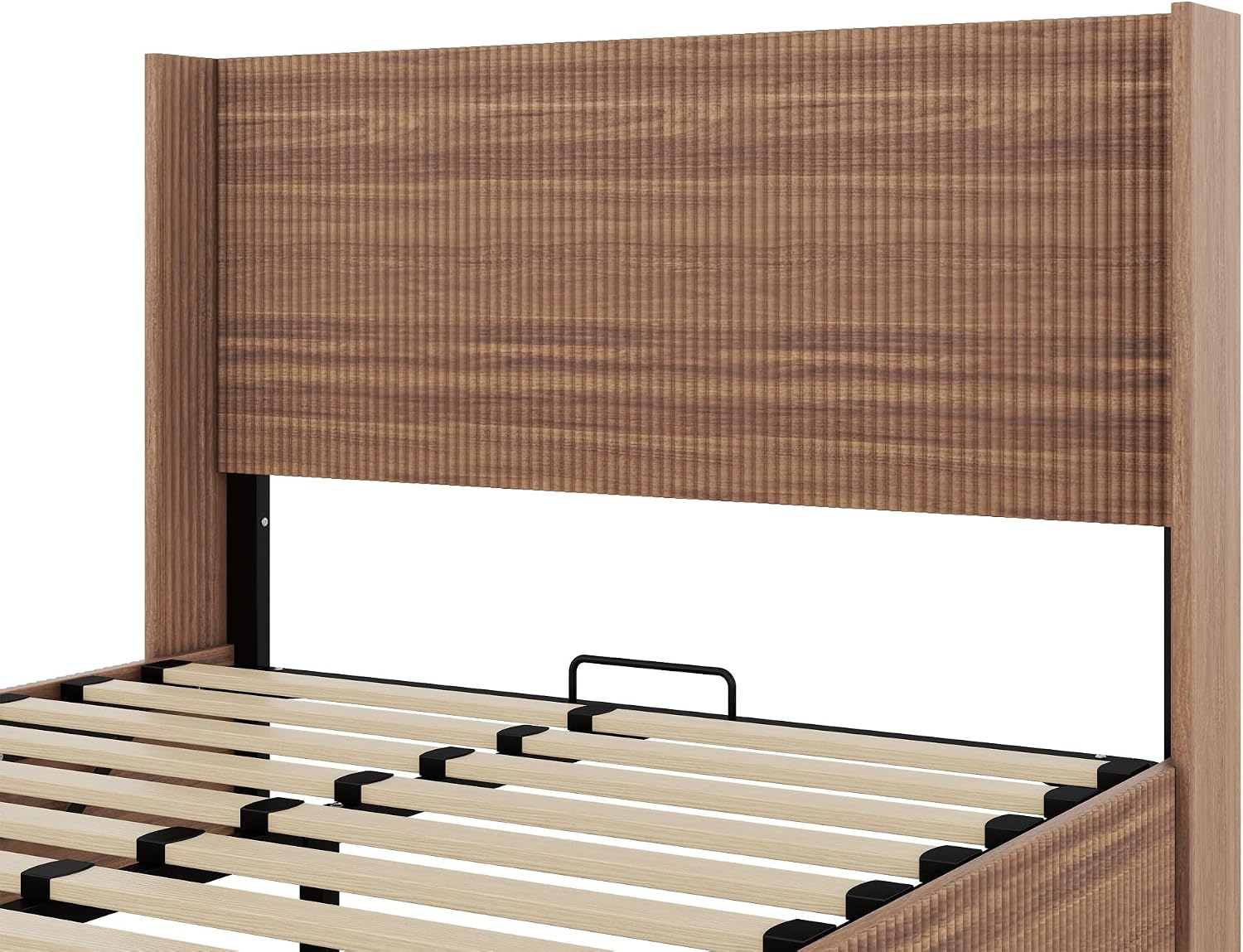 Lift Up Storage Bed Queen Size, Queen Bed Frame with Headboard and Lift Storage System, Wood Headboard with Wing-Back and Convex Groove Board Design
