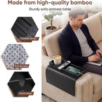 Bamboo Couch Arm Tray Table with Built-in Cup Holder, Foldable Anti-Slip Sofa Armrest Table for Drinks, Phone & Remote, Fits 4.7–16.9 in Armrests, Holds Cups up to 3.5 in Diameter (Black)