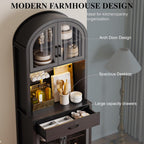 Arched Kitchen Pantry Storage Cabinet, Black Wooden Coffee Bar Cabinet with Drawers, Kitchen Hutch Dining Room Storage Cabinet with Charging Station and LED Light, Kitchen Hutch with Countertop