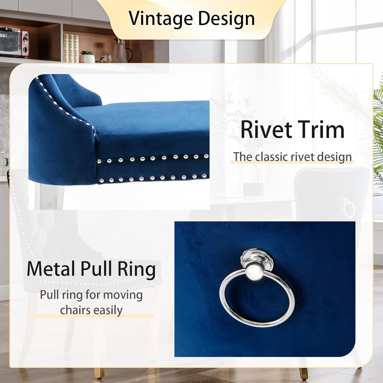 Dining Room Chairs Set of 4, Tufted Velvet Chairs with Modern Stainless Steel Legs, Rivet Trim Metal Pull Ring Large Back for Kitchen Dining Room Restaurant, Blue