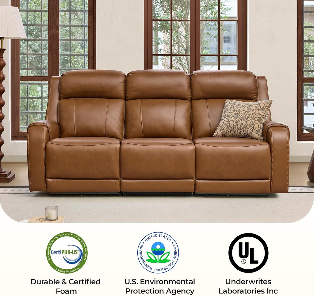 CHITA Genuine Leather Power Recliner Sofa, 3 Seater Reclining Sofa, Saddle