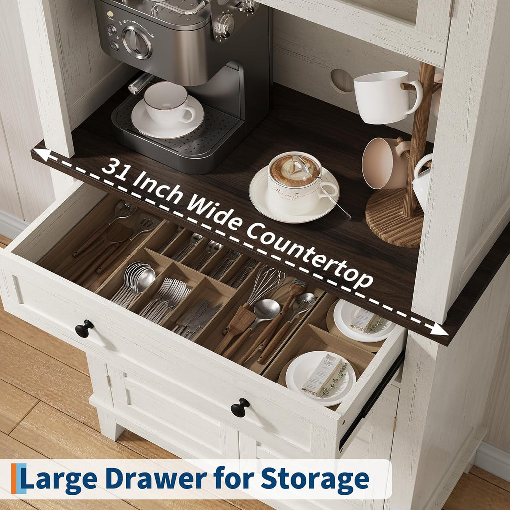 72" Pantry Cabinet with Storage Drawers 2 Glass Doors, Farmhouse Kitchen Hutch, Farmhouse Kitchen Hutch with Storage Drawers for Living Room, Dining Room,