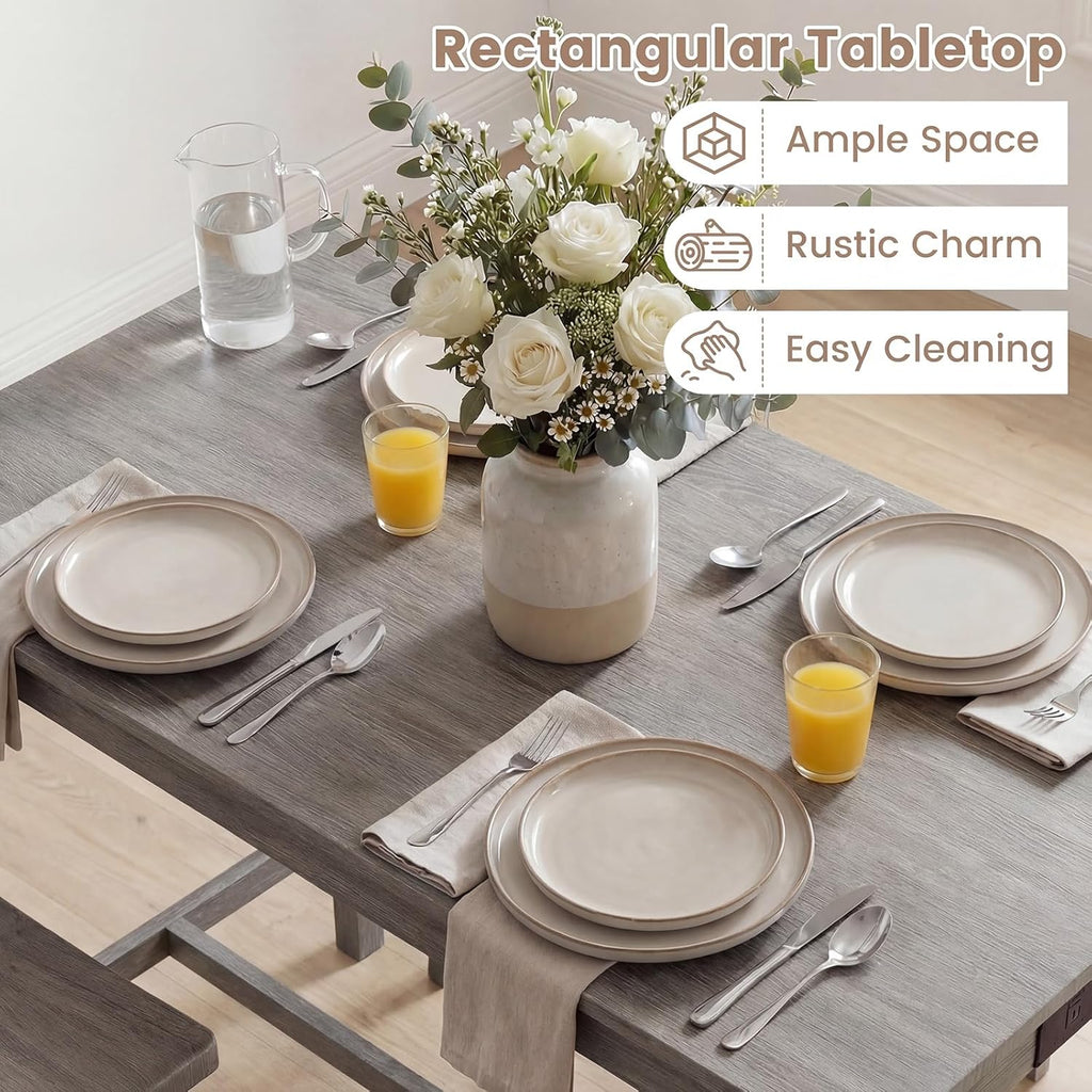 GIANTEX 4-Piece Counter Height Dining Table Set with Power Outlet, Solid Rubber Wood Kitchen Table with Saddle Backless Bench & 2 Stools, Space-Saving Bar Table Set for Breakfast Nook (Gray)