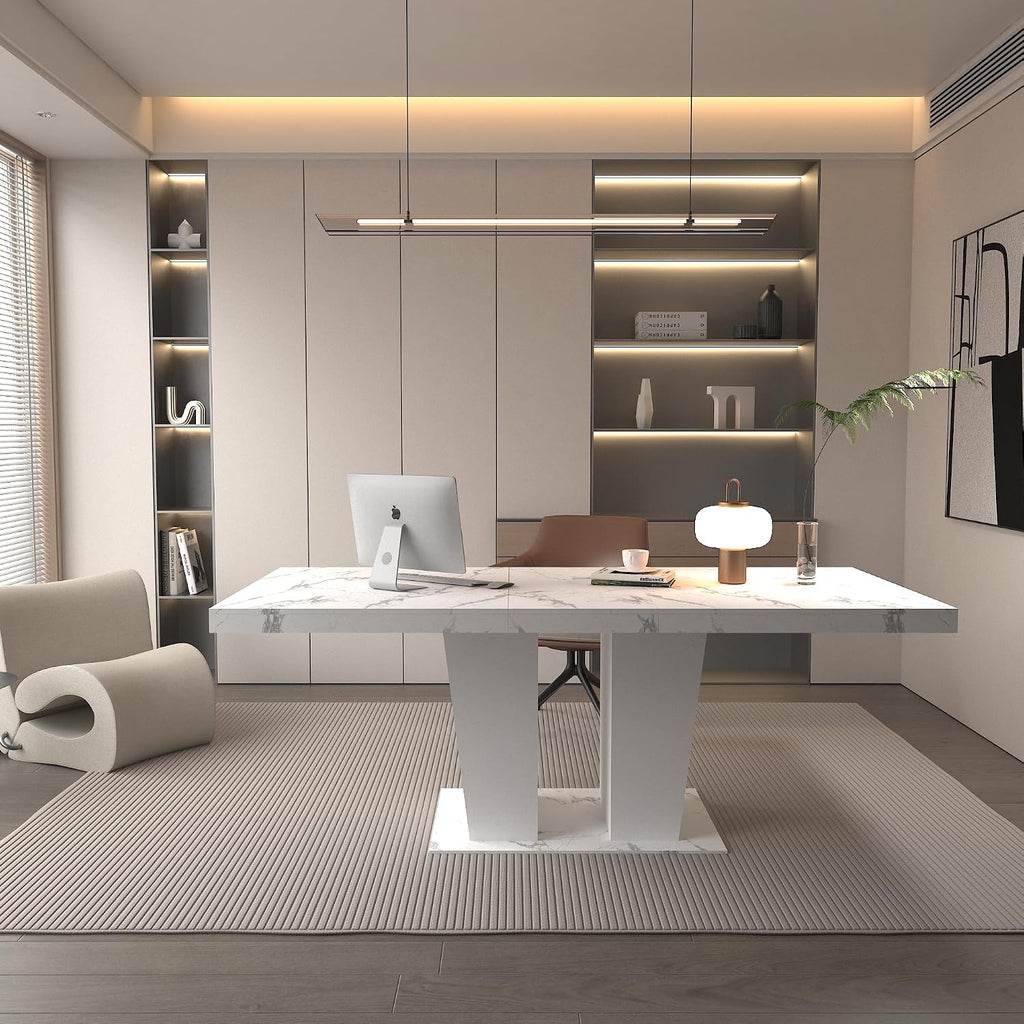 78.74" Extendable Dining Room Table for 6-10 Modern Faux Marble Wooden Expandable Kitchen Table Pedestal Base,Large Rectangle Dining Table,White
