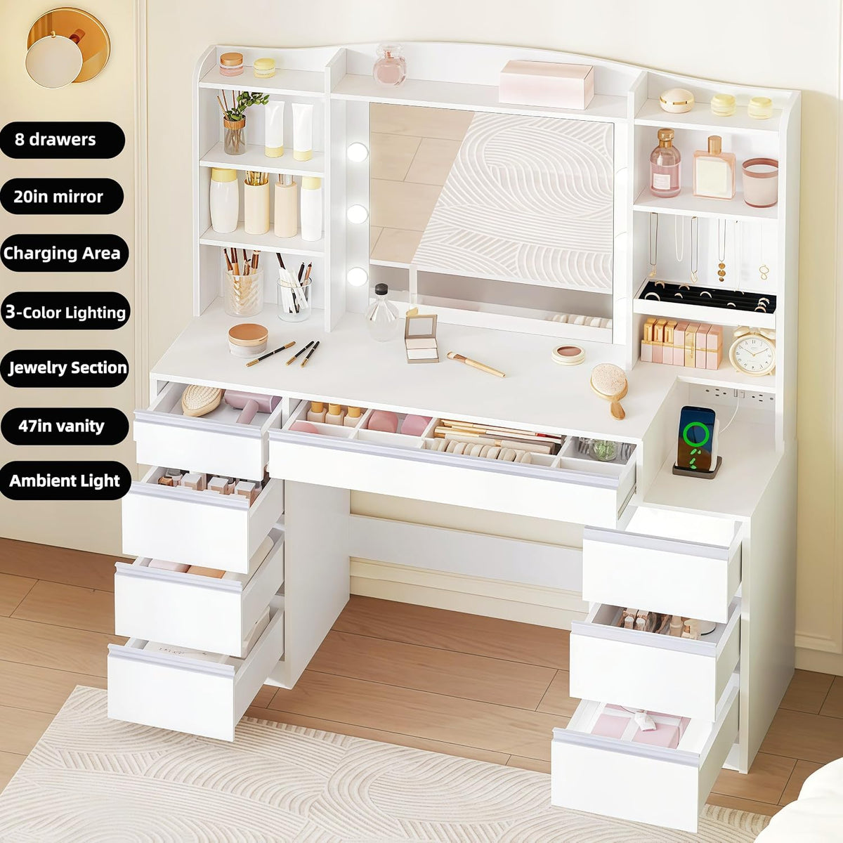 HEXCELEN 47" Vanity Desk with LED Lights, 8 Drawers, 20" Mirror, 2AC+2USB Charging, FSC Wood White Makeup Vanity