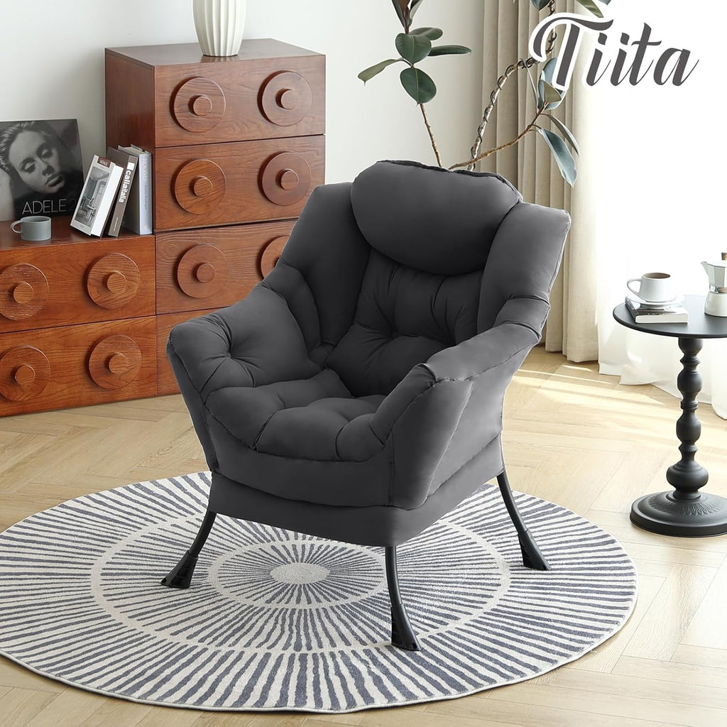 Tiita Lazy Chair, Gray Modern Large Accent Armchair, Comfy Leisure Sofa Reading Chair for Bedroom, Living Room, Dorm Rooms, Garden and Courtyard, Dark Grey