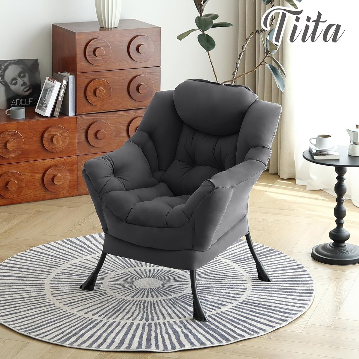 Tiita Lazy Chair, Gray Modern Large Accent Armchair, Comfy Leisure Sofa Reading Chair for Bedroom, Living Room, Dorm Rooms, Garden and Courtyard, Dark Grey