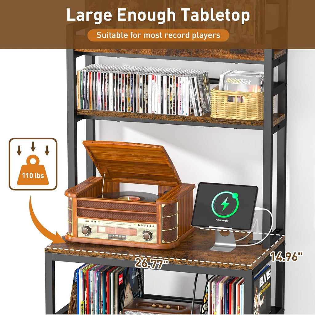 Large Record Player Stand with Vinyl Storage Shelf, Holds Up 500+ Albums | 5-Tier Record Player Table Turntable Stand with Charging Station & CD/DVD Rack, Vinyl Record Storage for Living Room Bedroom