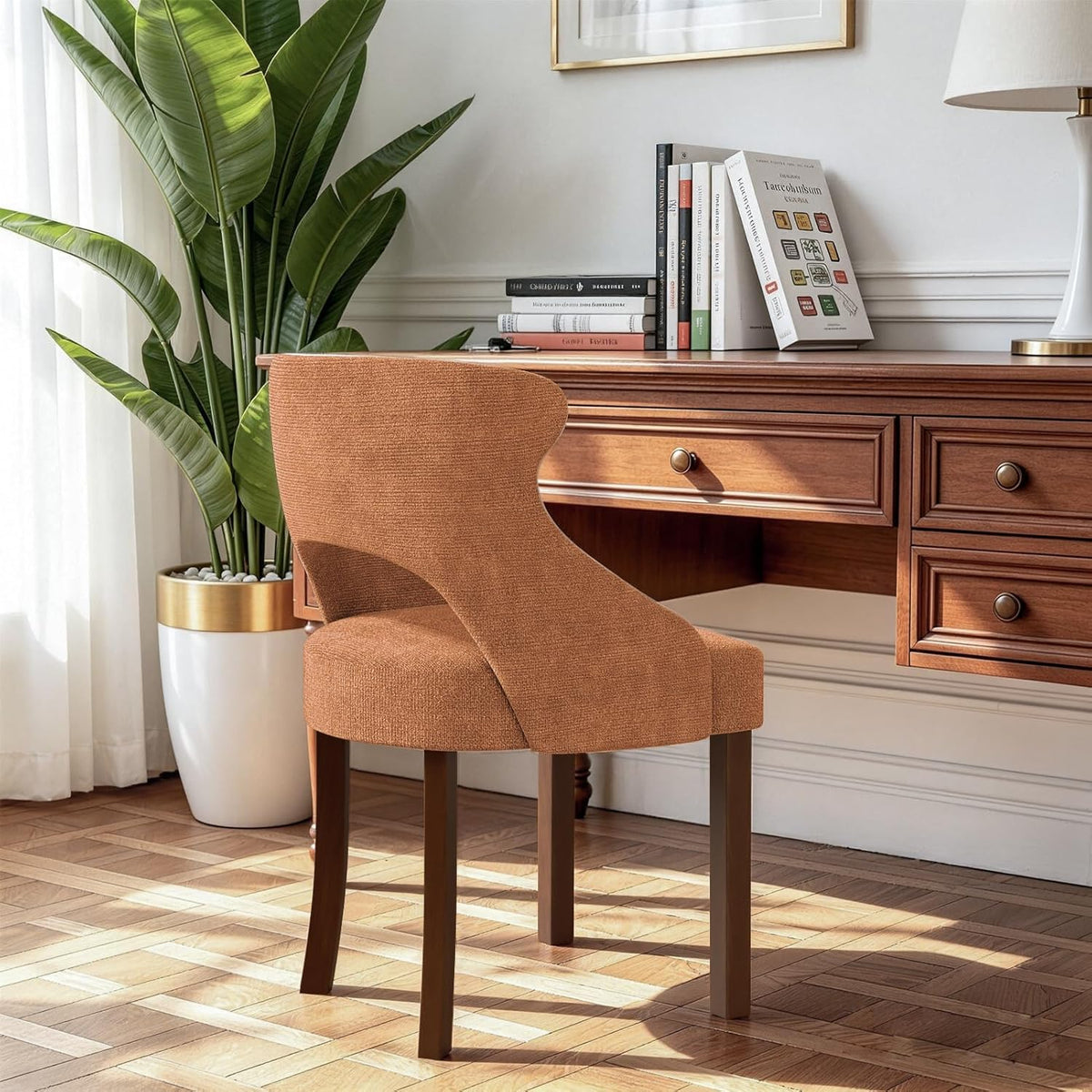 Wooden Dining Chairs Set of 4,Mid Century Modern Fabric Upholstered Dining Room Chair Kitchen Side Chairs with Solid Wood Legs,Farmhouse Dinner Chairs for Kitchen Dining Room,Orange