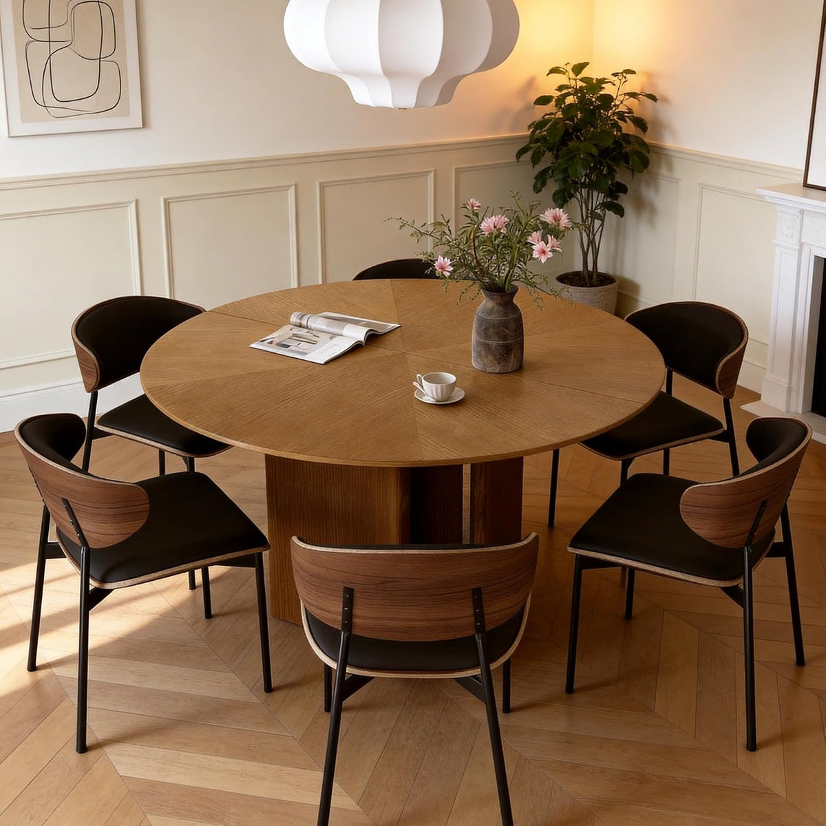 59" Round Wood Dining Table – Mid-Century Modern Kitchen Table with Pedestal Base for 4–8 People, Perfect for Living Room, Dining Room & Kitchen, Walnut Finish