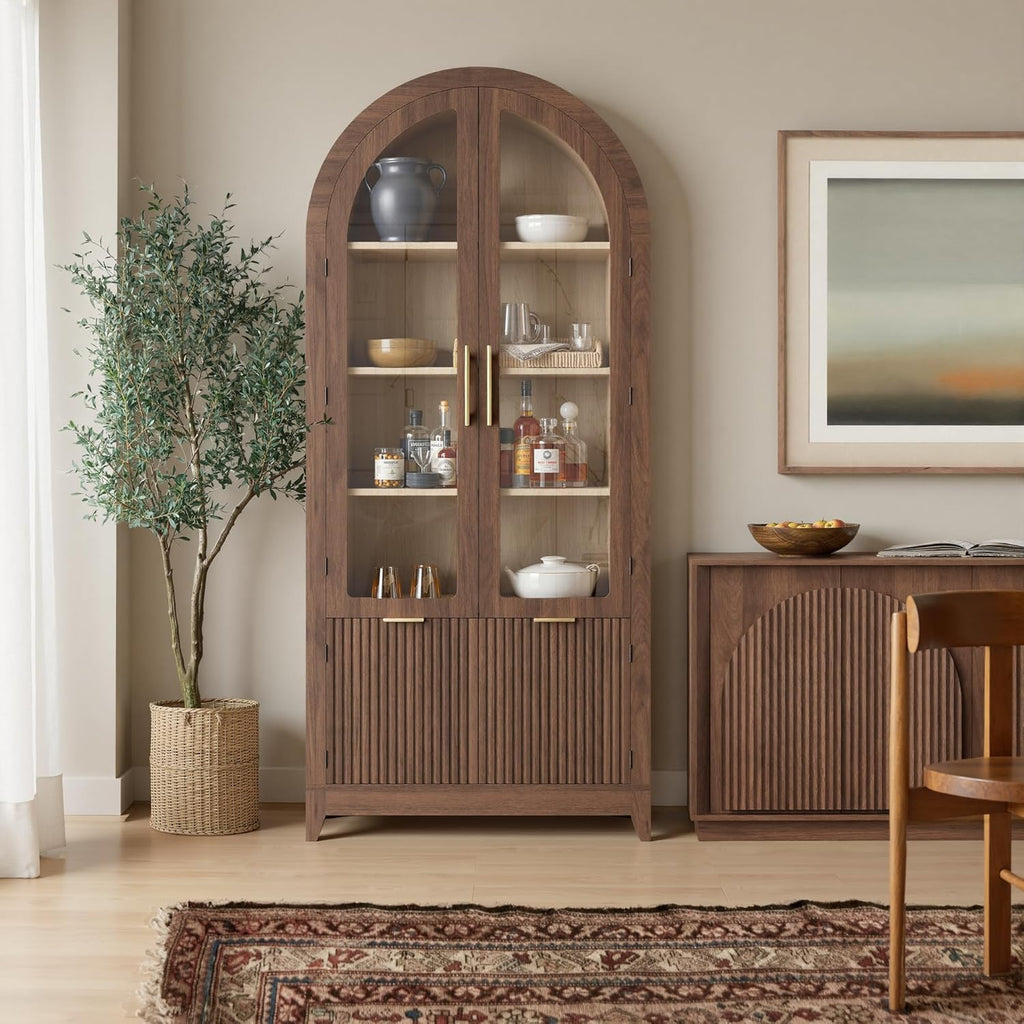 win2win Tall Arched Cabinet with Glass Doors, 69" Pantry Storage Cabinets with Fluted Doors & Adjustable Shelves, Mid Century Modern Wood Display Bookcase for Kitchen, Living Room, Bathroom, Walnut