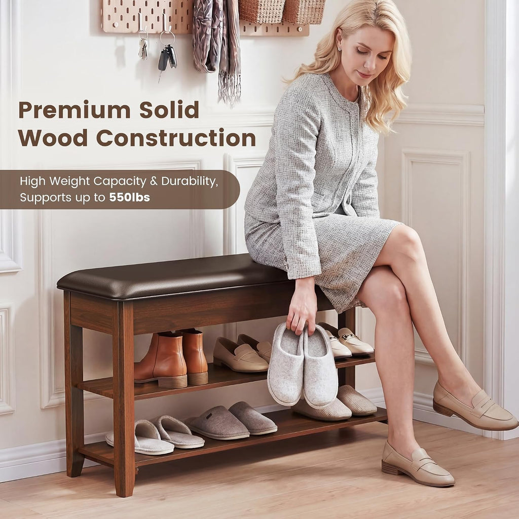 LBT Shoe Bench with Storage, Solid Rubberwood Shoe Rack Bench for Entryway | Adjustable 6.3" Shelf Fits High-Top Shoes & Boots, Hidden Storage Compartment, Cushion Seat, Stay-Open Hinge, Walnut