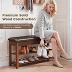 LBT Shoe Bench with Storage, Solid Rubberwood Shoe Rack Bench for Entryway | Adjustable 6.3" Shelf Fits High-Top Shoes & Boots, Hidden Storage Compartment, Cushion Seat, Stay-Open Hinge, Walnut