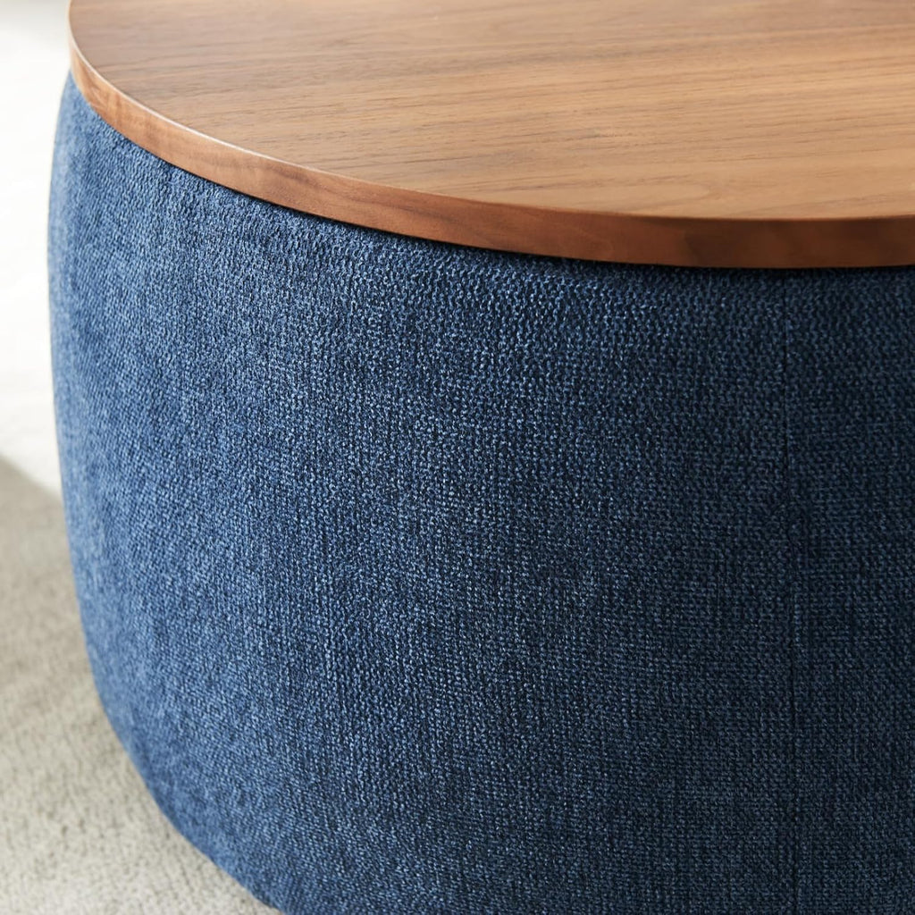 Round Storage Ottoman, 2 in 1 Function, Work as End Table and Ottoman, Navy (25.5"x25.5"x14.5")