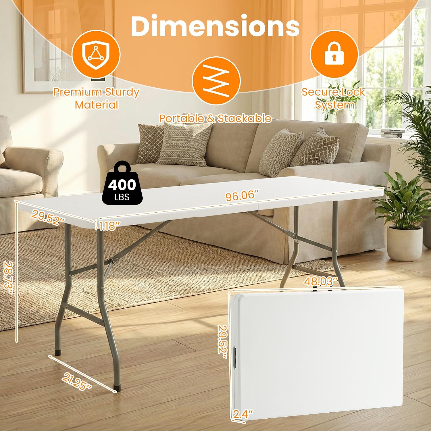 SEALAMB Portable 8FT Plastic Folding Table for Indoor & Outdoor, Heavy Duty Commercial Fold Up Table Picnic Tables Dining Table for Parties Backyard Events(White, 8FT)